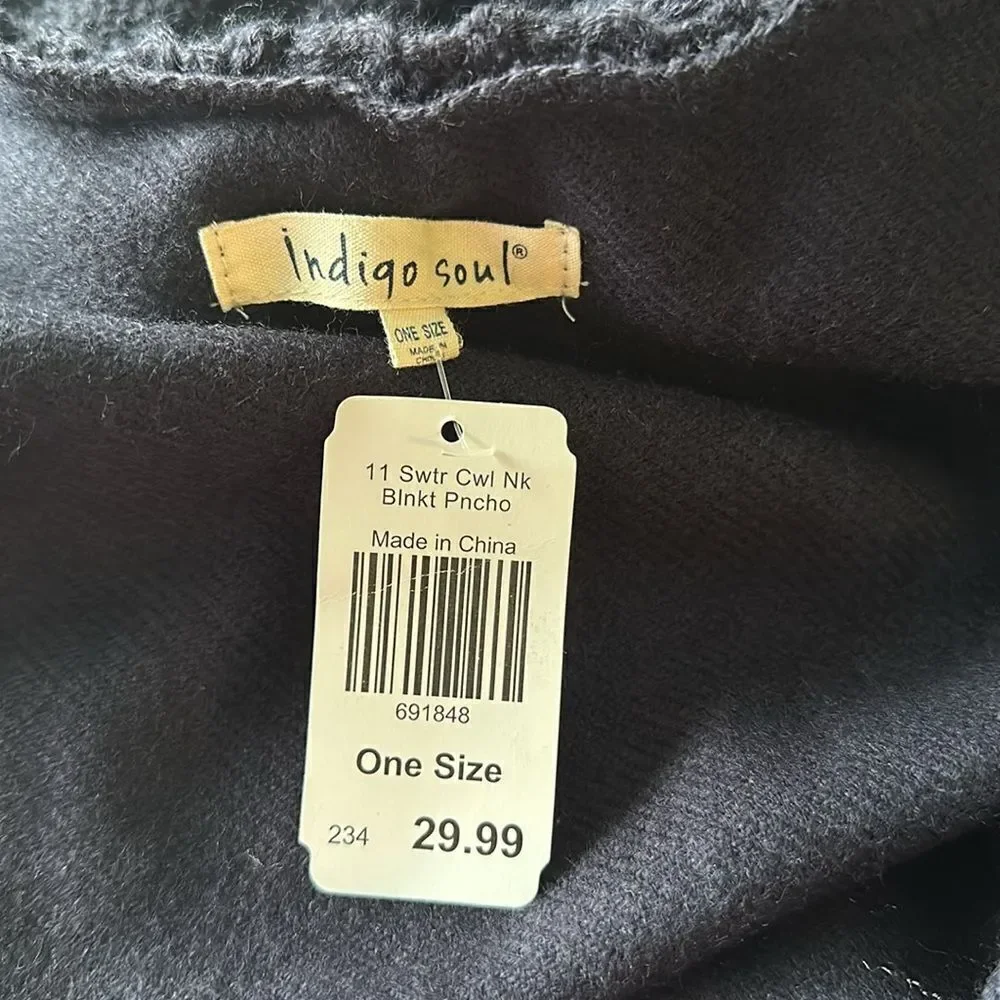 Indigo Soul Sweater Cowl Neck Blanket Poncho Navy OS NWT
